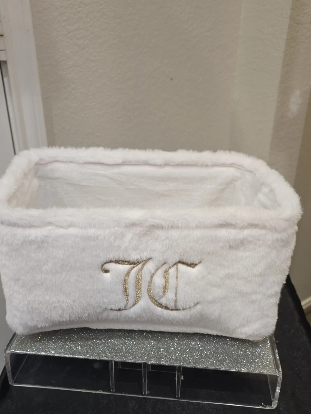 Juicy Couture Home JC Gold Embrodried Logo Faux Fur Decorative Storage Basket